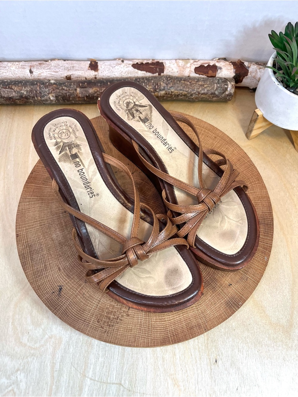Vintage No Boundaries Leather Wooden Wedge Sandals - Size 7.5 - Boho Y2K - Picture 4 of 15